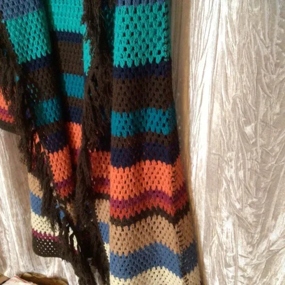 Crochet Fringe Duster Open Long Cardigan Boho Festival Hippie Rainbow Core Med