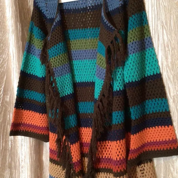 Crochet Fringe Duster Open Long Cardigan Boho Festival Hippie Rainbow Core Med