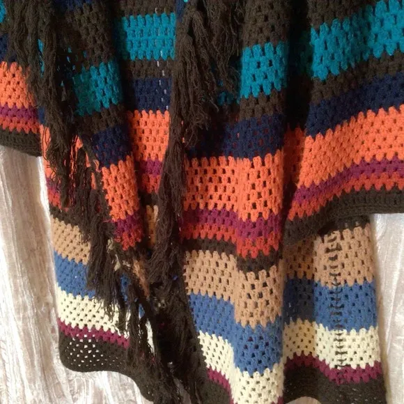 Crochet Fringe Duster Open Long Cardigan Boho Festival Hippie Rainbow Core Med