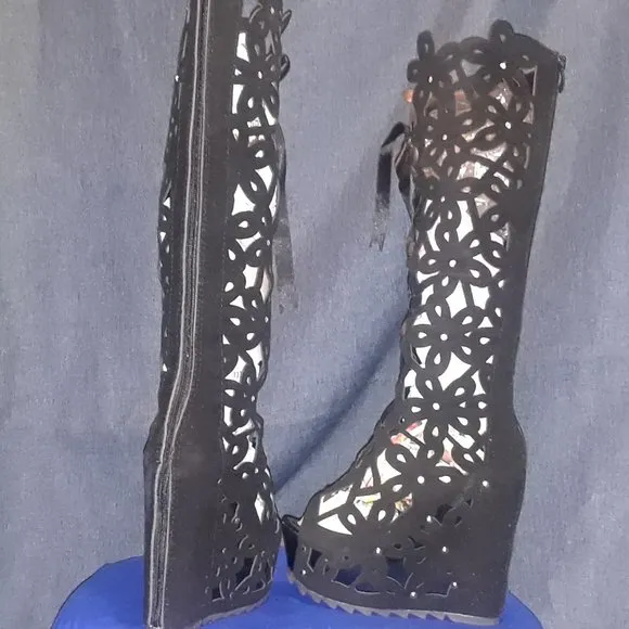 Cut Out Lace Up Peep Toe Platform Long Boot Wedge Sandals