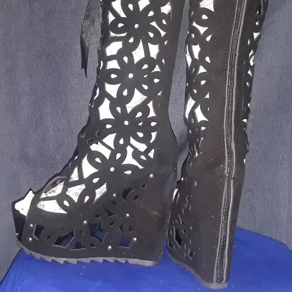 Cut Out Lace Up Peep Toe Platform Long Boot Wedge Sandals