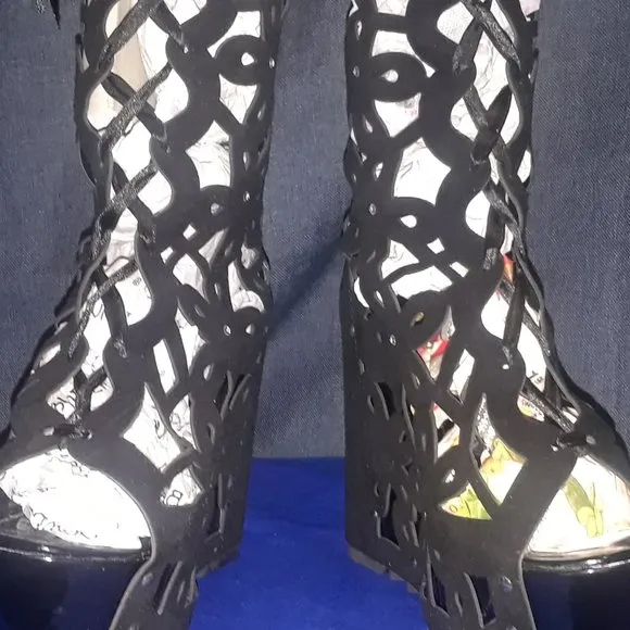 Cut Out Lace Up Peep Toe Platform Long Boot Wedge Sandals