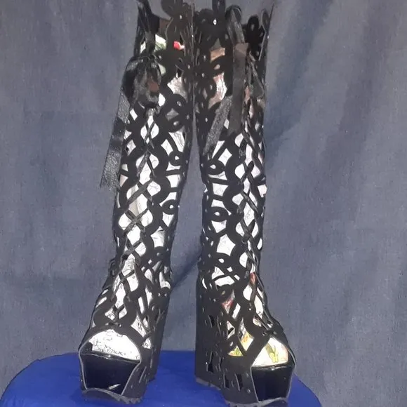 Cut Out Lace Up Peep Toe Platform Long Boot Wedge Sandals
