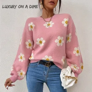 Daisy Retro Flower Knit Pullover Classic Long Lantern Sleeve Sweater Shirt