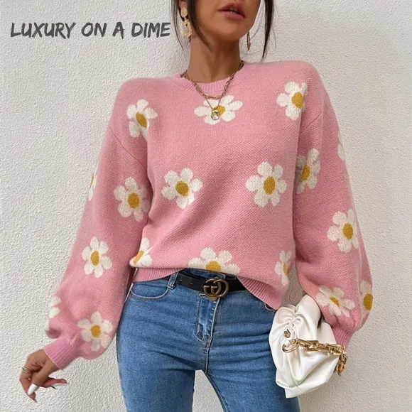 Daisy Retro Flower Knit Pullover Classic Long Lantern Sleeve Sweater Shirt