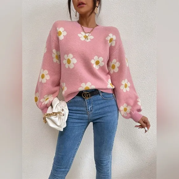 Daisy Retro Flower Knit Pullover Classic Long Lantern Sleeve Sweater Shirt