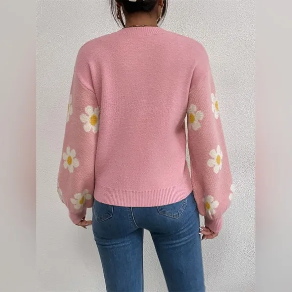 Daisy Retro Flower Knit Pullover Classic Long Lantern Sleeve Sweater Shirt