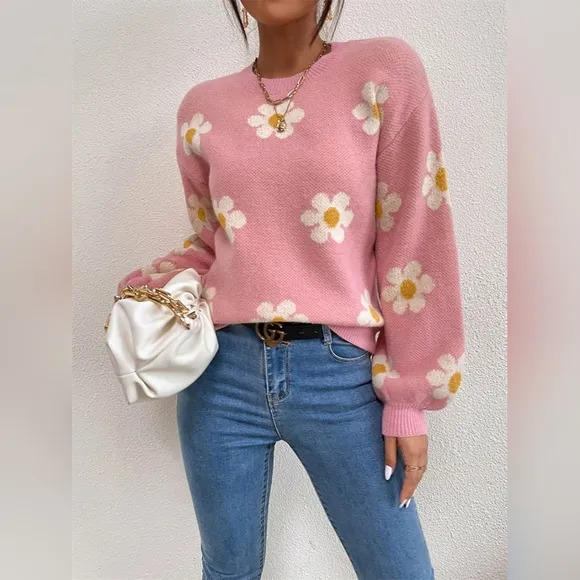 Daisy Retro Flower Knit Pullover Classic Long Lantern Sleeve Sweater Shirt