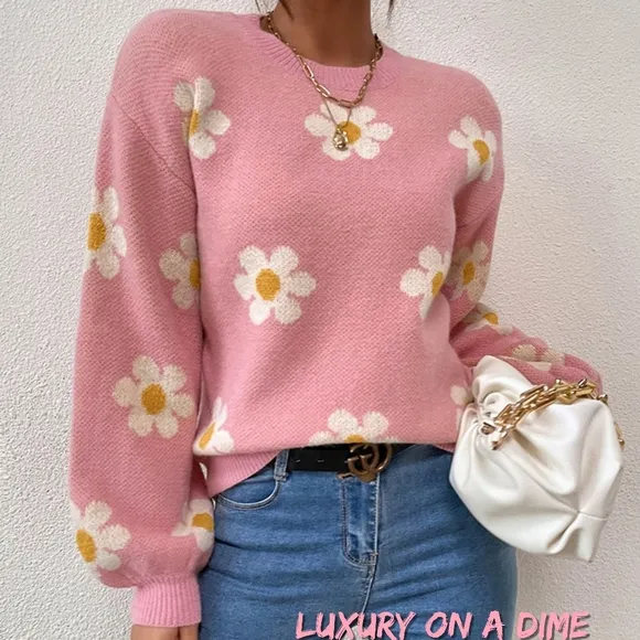 Daisy Retro Flower Knit Pullover Classic Long Lantern Sleeve Sweater Shirt