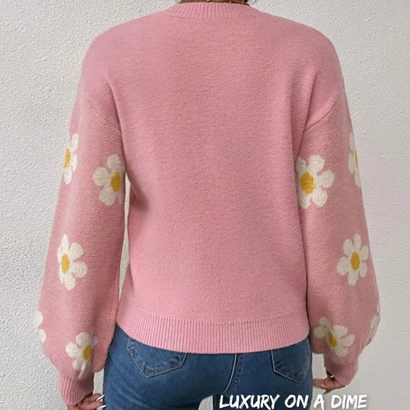 Daisy Retro Flower Knit Pullover Classic Long Lantern Sleeve Sweater Shirt