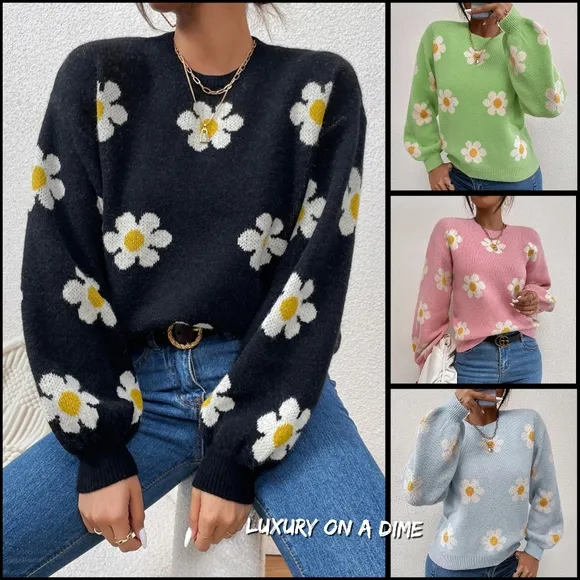 Daisy Retro Flower Knit Pullover Classic Long Lantern Sleeve Sweater Shirt