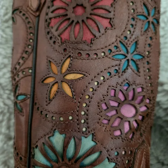 Dan Post Brown and Pink Heeled Boots with Floral Embroidery
