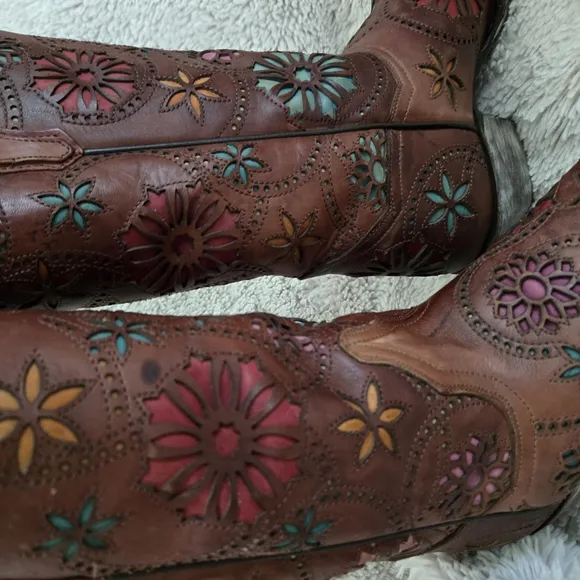Dan Post Brown and Pink Heeled Boots with Floral Embroidery