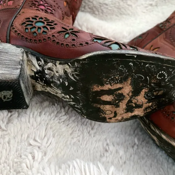 Dan Post Brown and Pink Heeled Boots with Floral Embroidery