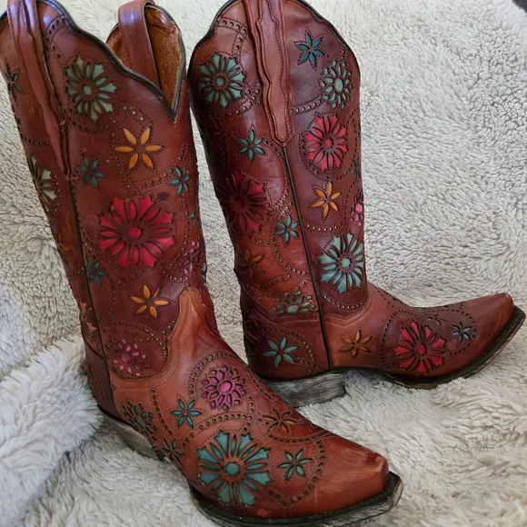 Dan Post Brown and Pink Heeled Boots with Floral Embroidery