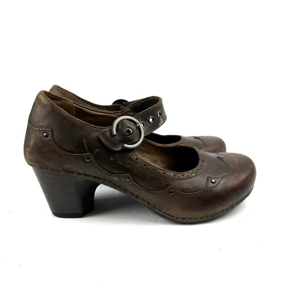 Dansko Nevin Mary Jane Shoes 41 Brown Leather Chunky Studded Clogs Womens
