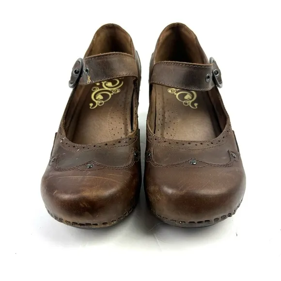 Dansko Nevin Mary Jane Shoes 41 Brown Leather Chunky Studded Clogs Womens