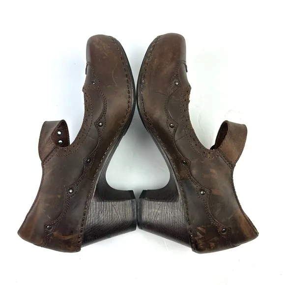 Dansko Nevin Mary Jane Shoes 41 Brown Leather Chunky Studded Clogs Womens