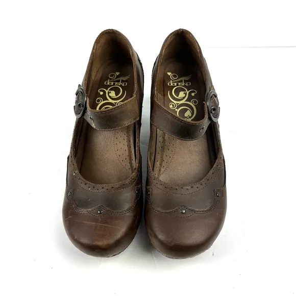 Dansko Nevin Mary Jane Shoes 41 Brown Leather Chunky Studded Clogs Womens