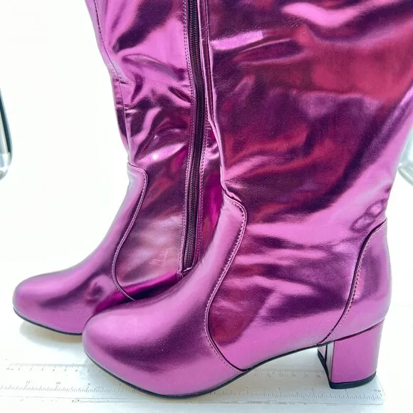 Dark Purple Leather Knee High Boots Chunky High Heels Round Toe Long Booties