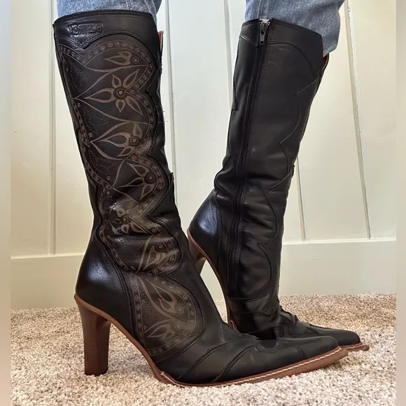 Destroy Vintage Women's Western Black/Brown Boots Size EU 39 Tooled Details Boho