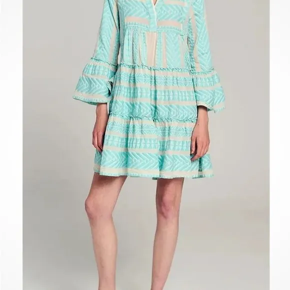 Devotion Twins Ella Embroidered Cotton Tunic Dress Neon Turquoise Blue White XS
