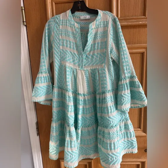 Devotion Twins Ella Embroidered Cotton Tunic Dress Neon Turquoise Blue White XS