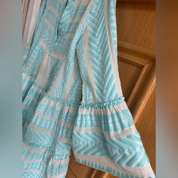 Devotion Twins Ella Embroidered Cotton Tunic Dress Neon Turquoise Blue White XS