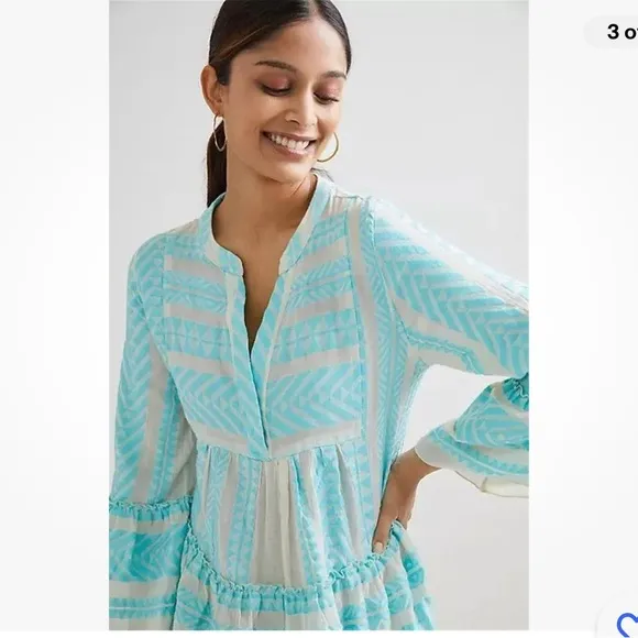 Devotion Twins Ella Embroidered Cotton Tunic Dress Neon Turquoise Blue White XS