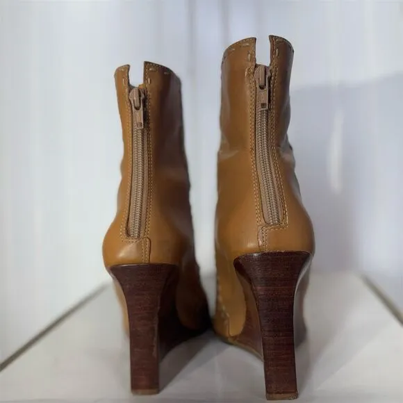 Diba USA Leather Wedge Booties Tan Stitch Detail Square Toe Sz 8M Made in Brazil