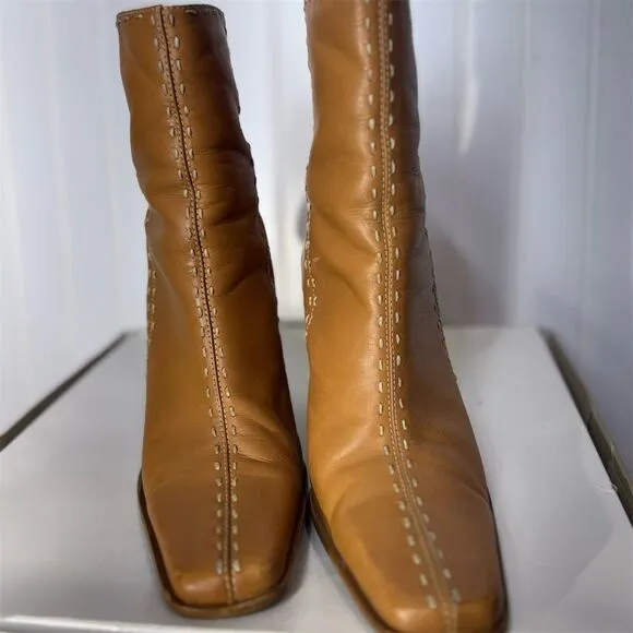 Diba USA Leather Wedge Booties Tan Stitch Detail Square Toe Sz 8M Made in Brazil