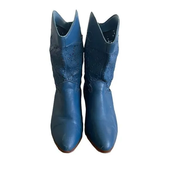 DINGO Vintage Blue Perforated Leather Almond Toe Cowboy Cowgirl Western Boots 9