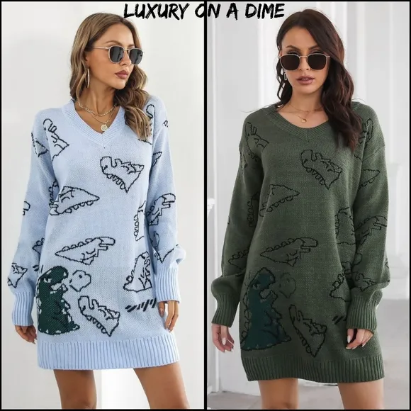Dinosaur Knit Sweater Dress Round Neck Playful Long Sleeve Oversized Mini Blue