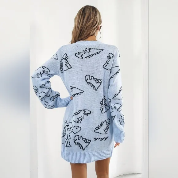 Dinosaur Knit Sweater Dress Round Neck Playful Long Sleeve Oversized Mini Blue