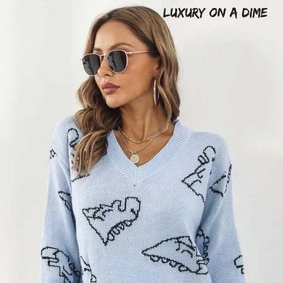 Dinosaur Knit Sweater Dress Round Neck Playful Long Sleeve Oversized Mini Blue