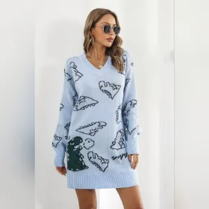 Dinosaur Knit Sweater Dress Round Neck Playful Long Sleeve Oversized Mini Blue