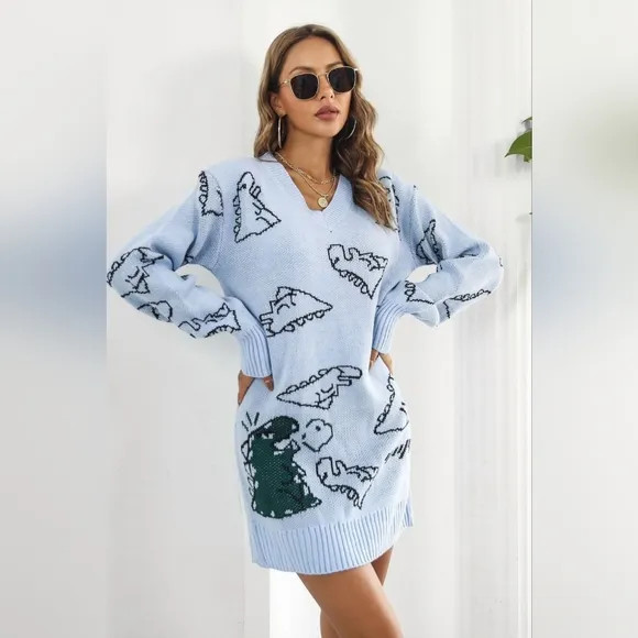 Dinosaur Knit Sweater Dress Round Neck Playful Long Sleeve Oversized Mini Blue