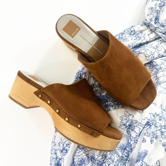 Dolce Vita Brown Suede Wooden 70s Boho Clog Mule Sandals Womens 9