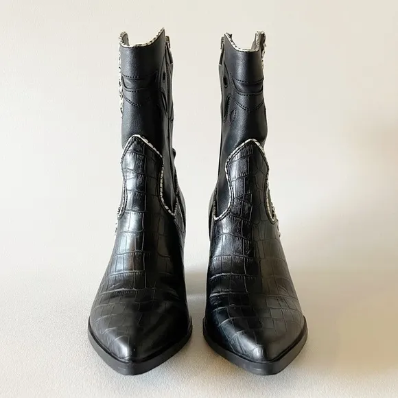 Dolce Vita Lori Boots Croc Embossed Cutout Braided Western Festival Boho Black 8