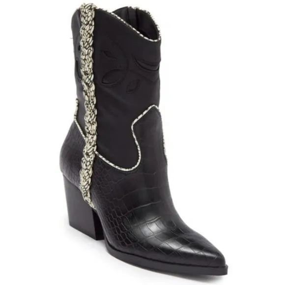 Dolce Vita Lori Boots Croc Embossed Cutout Braided Western Festival Boho Black 8