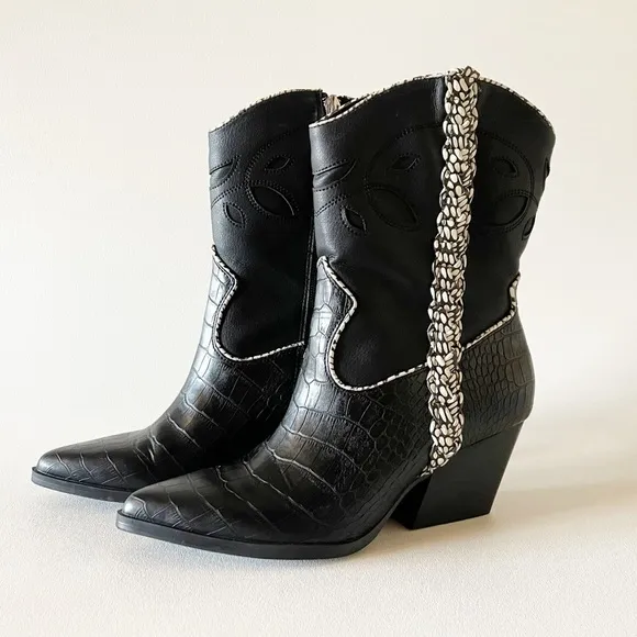 Dolce Vita Lori Boots Croc Embossed Cutout Braided Western Festival Boho Black 8