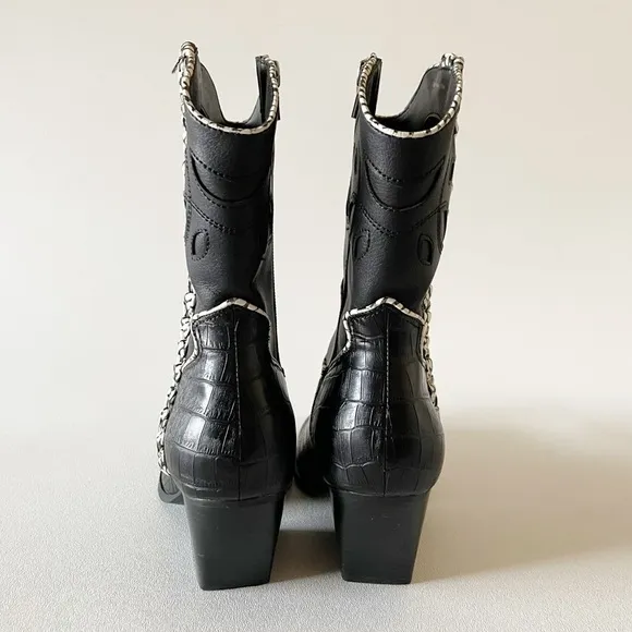 Dolce Vita Lori Boots Croc Embossed Cutout Braided Western Festival Boho Black 8