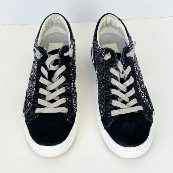 Dolce Vita Zina Glitter Sneakers Tennis Shoes Black Silver White Leather Sz 7.5