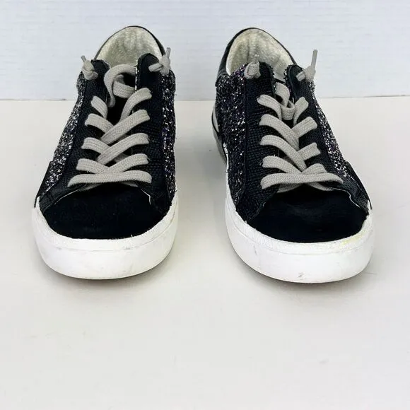 Dolce Vita Zina Glitter Sneakers Tennis Shoes Black Silver White Leather Sz 7.5