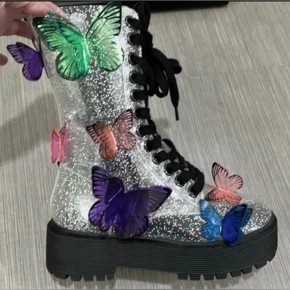 Dolls Kill Club EXX 3D butterfly Terrarium combat boots silver glitter size 5