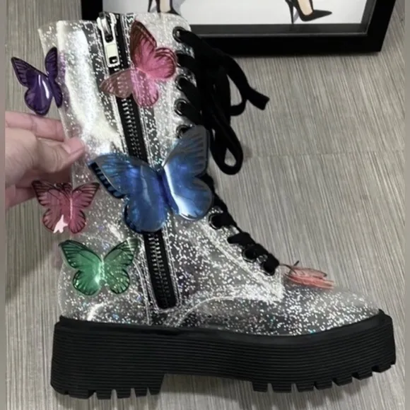 Dolls Kill Club EXX 3D butterfly Terrarium combat boots silver glitter size 5