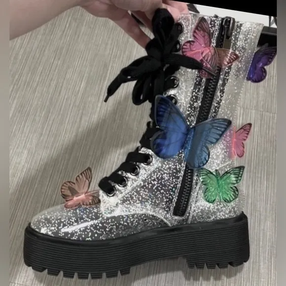 Dolls Kill Club EXX 3D butterfly Terrarium combat boots silver glitter size 5