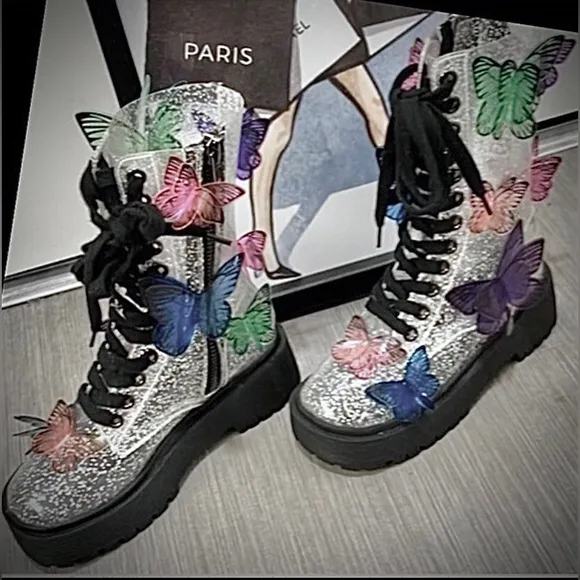 Dolls Kill Club EXX 3D butterfly Terrarium combat boots silver glitter size 5