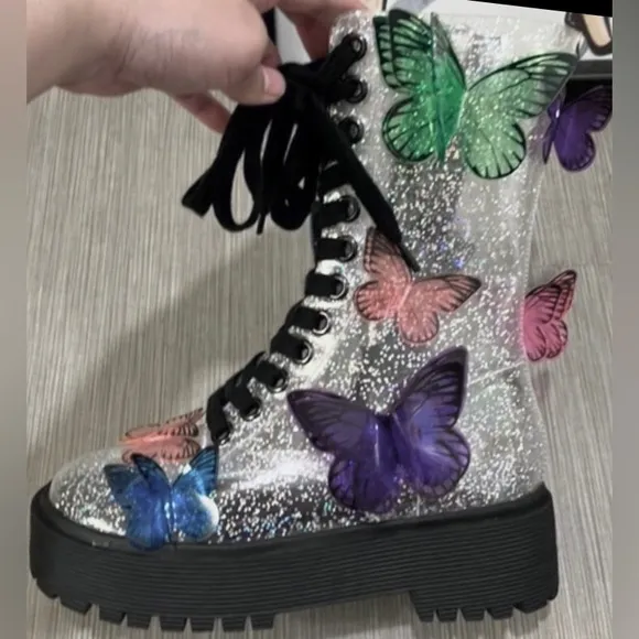 Dolls Kill Club EXX 3D butterfly Terrarium combat boots silver glitter size 5