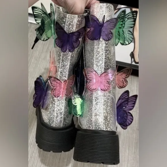 Dolls Kill Club EXX 3D butterfly Terrarium combat boots silver glitter size 5